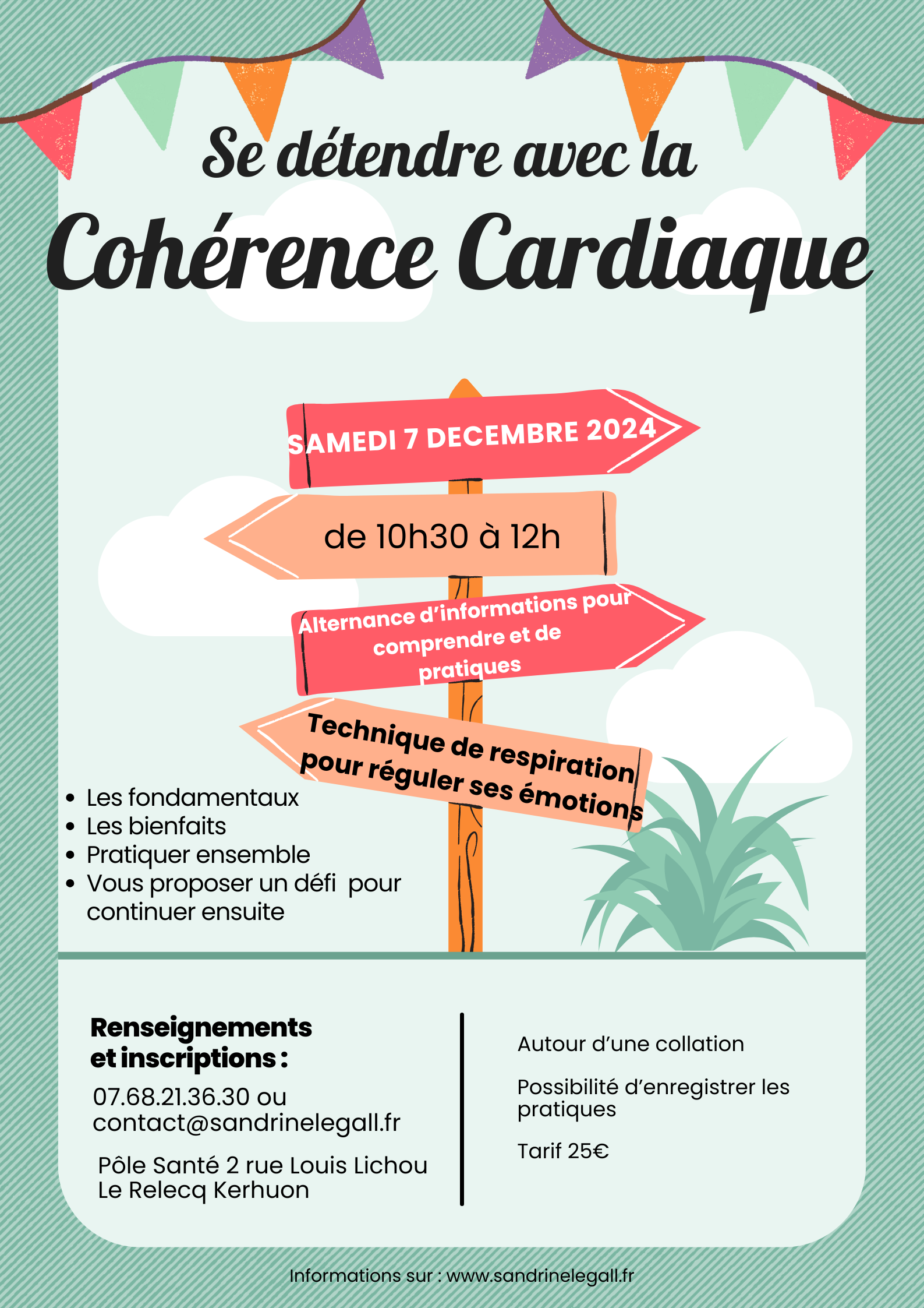 Nouvel atelier "Découvrir la Cohérence Cardiaque» samedi 7 décembre 2024 de 10h30 à 12h. Venez découvrir cette technique de respiration particulière :  ses fondamentaux, ses bienfaits, et pratiquer ensemble.