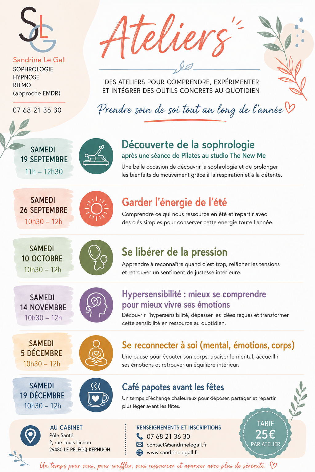 Affiche Ateliers fin année 2026 sandrine le gall sophrologie hypnose emdre brest